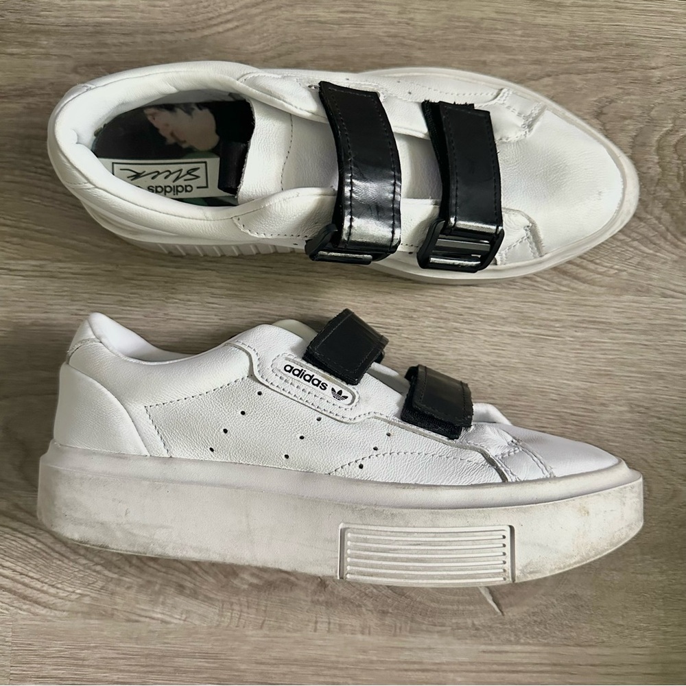Adidas White Sneakers with Black Velcro Straps